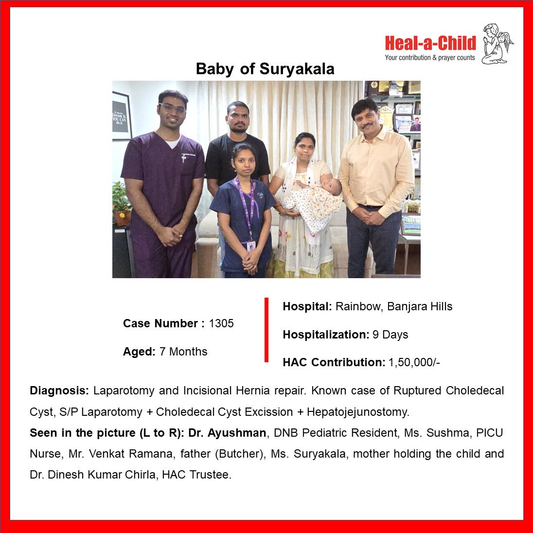 HealAChildHyd's tweet image. Baby of Suryakala was readmitted for Laprotomy and Incisional Hernia repair. Baby is #discharged after 9 days of care from @RCH_India