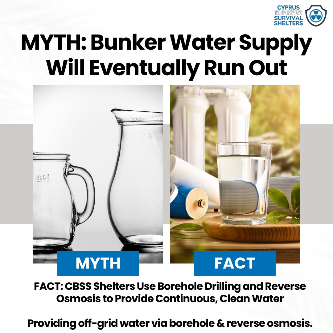 cyprusbunkers's tweet image. 💧 Myth: Water runs out.

Fact: Boreholes + reverse osmosis.

Continuous clean supply.

#CBSS #Cyprus #Limassol #Nicosia #Bunkers #Shelters #CivilDefense #EmergencyPreparedness #Κύπρος #Λεμεσός #Λευκωσία #Кипр #Лимассол #Никосия #קפריסין #לימסול #ניקוסיה #قبرص #ليماسول #نيقوسيا