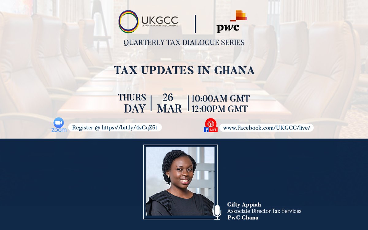 UKGCC_ACCRA's tweet photo. Gifty Appiah of @PwCGhana advises businesses on tax compliance, dispute resolution, GRA audits, and transaction structuring. She moderates our upcoming webinar. Tap https://t.co/rsE2DZwE48 to register and participate for free. https://t.co/avcavwrWsD