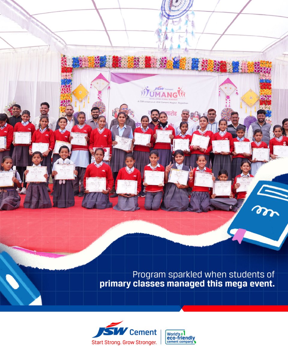 JSWCement's tweet image. JSW Cement’s education-focused initiative in Nagaur came alive with the Umang Children’s Book Festival and Annual Ceremony, marking the launch of a unique community-driven programme.

#StartStrongGrowStronger #BuildingFutures #CommunityDevelopment #LearningThroughReading #Nagaur