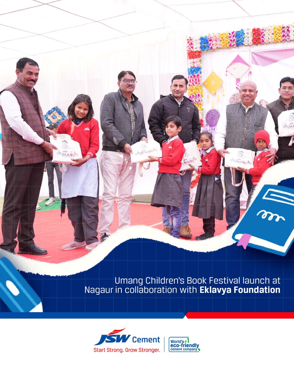 JSWCement's tweet image. JSW Cement’s education-focused initiative in Nagaur came alive with the Umang Children’s Book Festival and Annual Ceremony, marking the launch of a unique community-driven programme.

#StartStrongGrowStronger #BuildingFutures #CommunityDevelopment #LearningThroughReading #Nagaur
