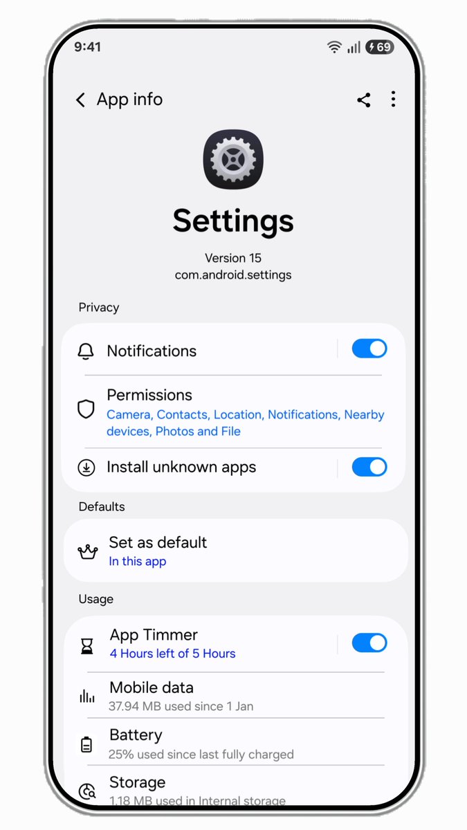 The1UX's tweet photo. One UI 9 App Info Page Concept
Brings All Required Settings in one place  
> App Lock  
> App Timer  
> Install Unknown Apps 
> New Fresh UI look
#Samsung #OneUI8 #Appinfo https://t.co/JGqJQ4J0MM