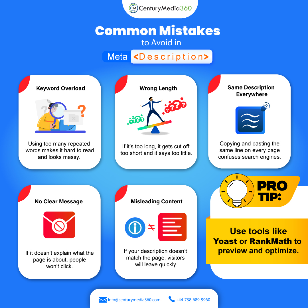 centurymedia360's tweet image. Meta descriptions can make or break your clicks!

From keyword overload to unclear messaging, learn how to write meta descriptions that truly attract traffic.

#MetaDescription #SearchEngineOptimization #SEOStrategy #CTR #WebsiteTraffic #DigitalMarketing #centurymedia360