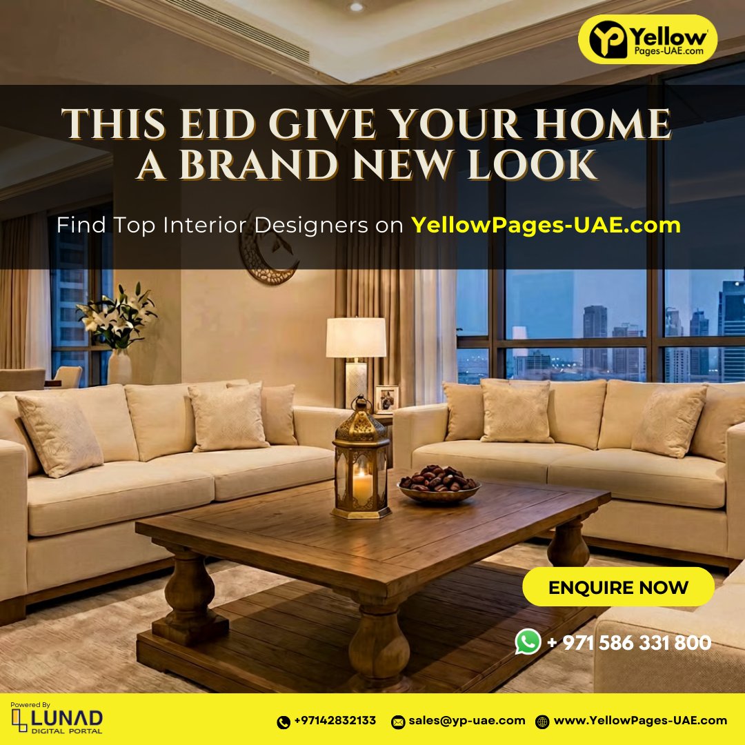YellowPages_LMC's tweet image. Give your home a fresh new look this Eid. ✨

Explore trusted professionals and send your enquiry today on Yellow Pages UAE - yellowpages-uae.com/uae/interior-d…

.

#InteriorDesignUAE #HomeMakeover #EidDecor #DubaiInteriors #YellowPagesUAE