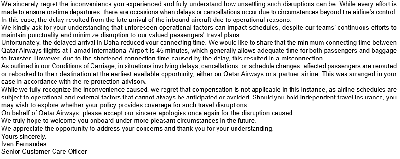 sostlind's tweet photo. 🚨 Qatar Airways copy-paste template denies my €600 EU261 claim! QR132 Rome-Doha delayed "operational reasons") → missed JNB connection. EU law (Reg 261/2004 Art7)+CJEU cases say  operational ≠ extraordinary! Who's got similar? @qatarairways @EU_Commission #EU261 #QatarAirways https://t.co/VkzFG4Lt0g