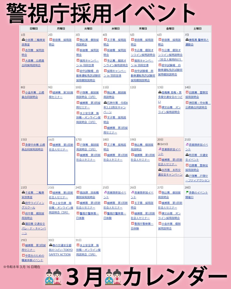 📅採用イベントカレンダー📅
🎎３月🎎
警視庁では、各部署でそれぞれの職種ならではの業務紹介を含めた採用イベントを開催しています✨
日時、場所、申込方法は、リンクの採用イベントカレンダーから御確認ください🎵
keishicho.metro.tokyo.lg.jp/about_mpd/welc…