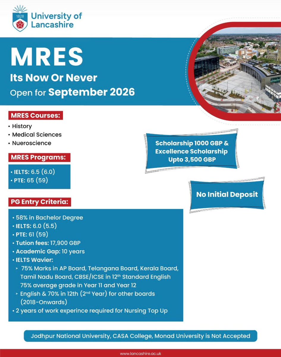 GlisEducation's tweet photo. University of Lancashire

🇬🇧Alert: MRes Business Management Applications Opening
 
Applications for the popular MRes Business Management course open from 27th March to 10th April.
The University will accept a maximum of 250 applications globally. https://t.co/QGV11ZK1sQ