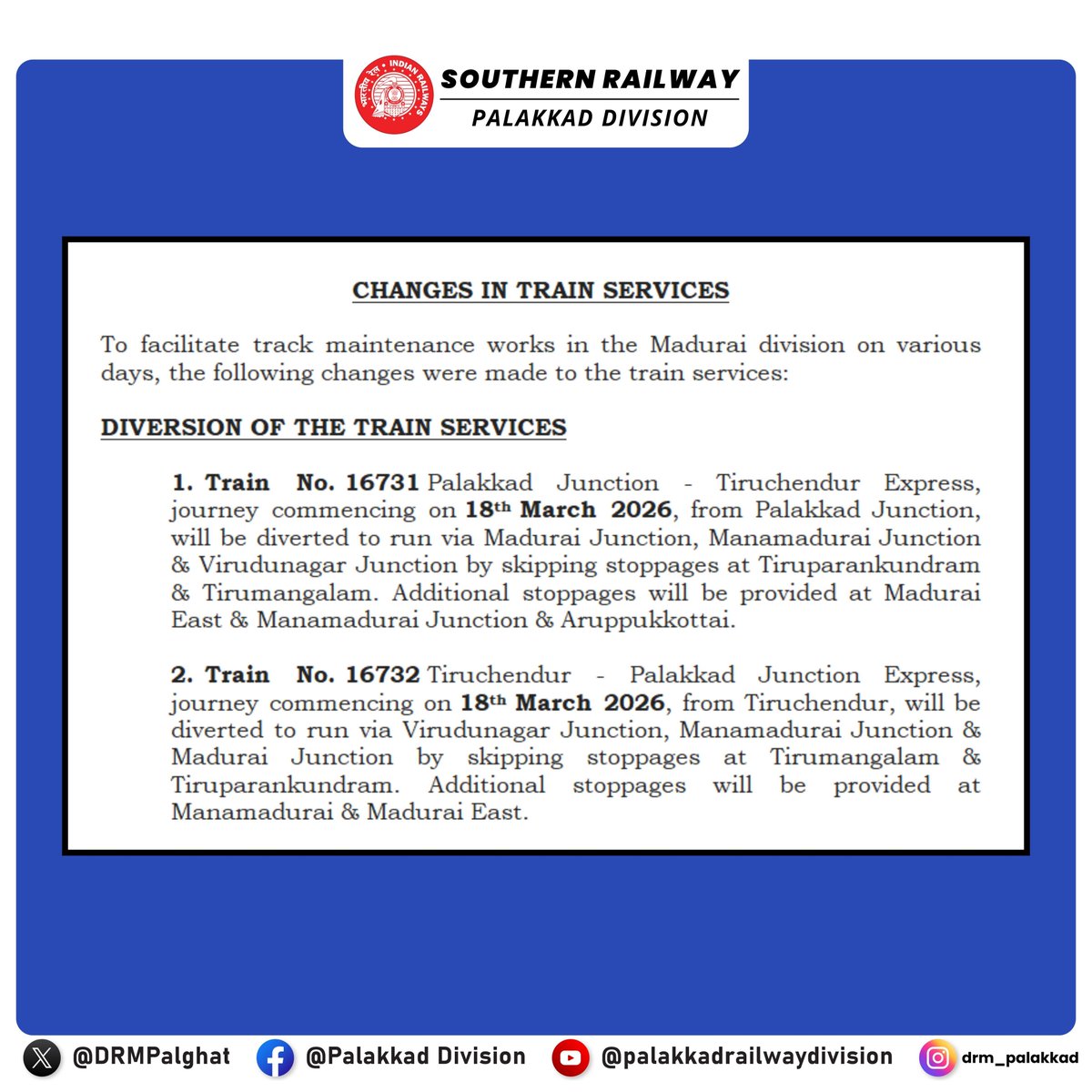 DRMPalghat's tweet image. CHANGES IN TRAIN SERVICES

To facilitate track maintenance works in the Madurai division on various days, the following changes were made to the train services:
#IndianRailway #SouthernRailway #Madurai #Palakkad #Tiruchendur #RailUpdate #TrainUpdate