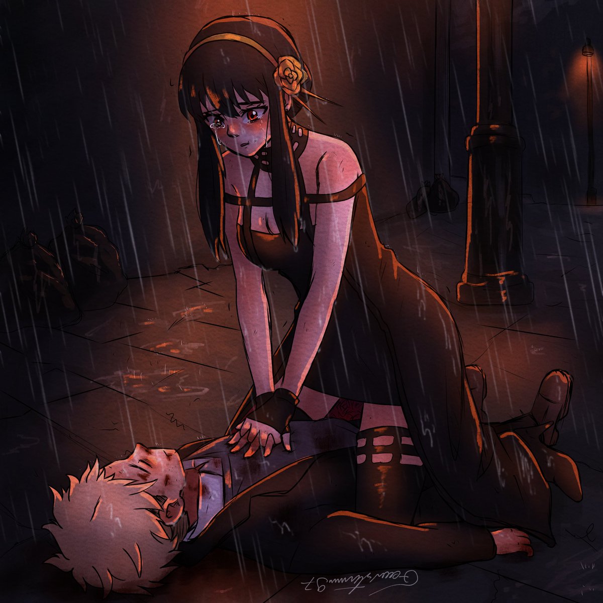 I wanted to draw an angsty twiyor drawing 

I draw Yor kinda hesitating to do chest compressions as she is scared of breaking Loid's ribs. 

#spyxfamily #twiyor #whump