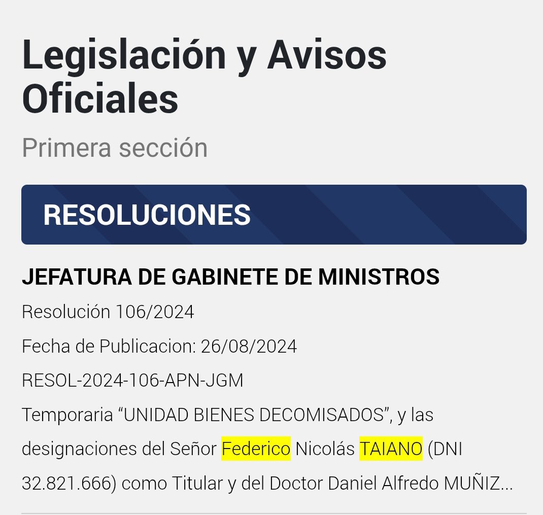 Gregoriodalbon's tweet photo. El fiscal que persigue corrupción puso a su hijo en el Estado. 
Resolución 106/2024. Búsquenla.

El que no entiende lo que pasa con el fiscal TAIANO es porque no quiere.
Resolución 106/2024. Su hijo, designado Titular de la Unidad de Bienes Decomisados. Boletín Oficial. Blanco sobre negro.
Algunos lo hacen con nombre y apellido. Otros, más sofisticados, lo hacen por “izquierda”
El resultado es el mismo: el Estado como agencia de colocación familiar.
Los que más hablan de república suelen ser los que menos pueden sostenerse sin ella. Los apellidos, siempre, lo dicen todo.