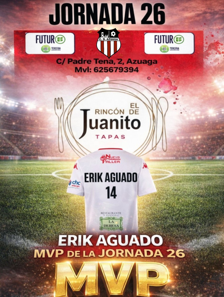 cdazuaga's tweet photo. TEMPORADA 25-26 | JORNADA 26 | TERCERA RFEF
 
ERIK AGUADO fue el MVP del partido de ayer. Gol que nos adelantaba en el marcador y partido muy completo del jugador mexicano. ¡Enhorabuena! 

Información patrocinada por EL RINCÓN DE JUANITO https://t.co/oh4EiUGQeS