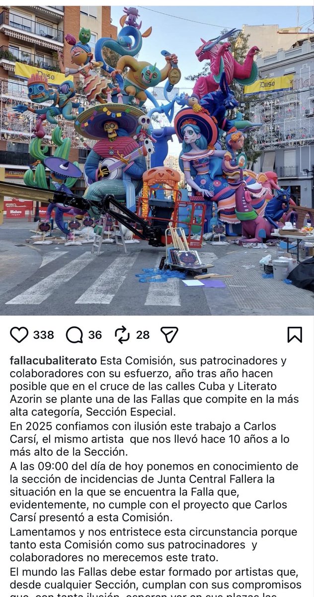 josertomasro's tweet photo. La @FallaCubaLto denuncia que l’artista Carlos Carsí no ha complit amb el projecte i el monument de Secció Especial s’ha quedat sense acabar.

El mateix ha passat amb la falla La Victòria de Sagunt, també de Secció Especial, amb el mateix artista. https://t.co/UmEO246fpd