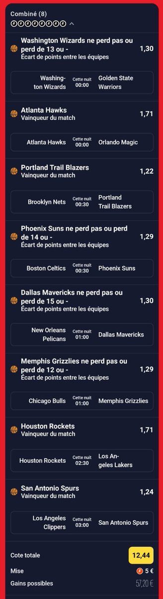 BetClem_'s tweet photo. AVIS FULL MAP NBA 🏀🇺🇸 17/03 🗓️

🪄 Washington Wizards +13.5 ⭐
🦅 Atlanta Hawks ⭐ 
🌀 Portland Trail Blazers ⭐⭐ 
🌵 Phoenix Suns +14.5 ⭐
🤠 Dallas Mavericks +15.5 🔴⭐
🐻 Memphis Grizzlies +12.5 ⭐
🚀 Houston Rockets ⭐ 
👽 San Antonio Spurs ⭐⭐ 
https://t.co/H3p01WzJP9

Meilleures cotes ici 👇
https://t.co/yTDWeM6veJ
Code promo : BETCLEM
🎁 50% de ton 1er dépôt en freebet jusqu'à 200€

⚠️  Comme d'habitude, pour jouer les win en sec vaut mieux attendre pour les équipes avec des joueurs questionable ou en GTD (Howard, Kuminga, Melton, Porzingins, Gafford, Thompson, Murray, Jackson, Jérôme, Sexton, Okoro, Sengun, Leonard...)

💊 JOUEURS OUT IMPORTANT : HARPER, KORNET, TATE, VANVLEET, KLÉBER, IVEY, SIMONS, CLARKE, MORANT, MANN, PORTER, SHAPE, VUCEVIC, BROOKS, WILLIAMS, DAVIS, SARR, CURRY X2, GREEN, HORFORD, MOODY, BLACK, ISAAC, WAGNER.

🔴 = Équipe en back to back ⚠️
Attention également aux équipes en B2B , la fatigue peut jouer sur les performances : Golden State Warriors, Portland Trail Blazers, Dallas Mavericks.

💡 Avec la fin de saison régulière beaucoup d'équipes n'ont plus d'enjeu (si ce n'est une bonne place à la draft) , d'autres en ont énormément (classements pour les playoffs). Cela créer des rencontres complètement déséquilibré et des cotes affreuses ≈ 1.10/1.20 tout ce qui est en-dessous de 1.30 je déconseille de jouer car très peu de value. J'indique tout de même des étoiles mais aucun intérêt à jouer une 3 ⭐ si elle est @1.10

🪧 Rappel : je ne conseille pas de jouer le combiné de tout les matchs, le ticket là sert de support visuel (c'est du fun perso et surtout un avis).
Privilégier de jouer en simple, ou d'en combiner 2-3 max (idéalement les 3 ⭐ ou 2 ⭐)

⭐⭐⭐ Grosse confiance
⭐⭐ Moyenne confiance
⭐ Petite confiance

💚 Si tu soutiens 
#TeamParieur #NBA