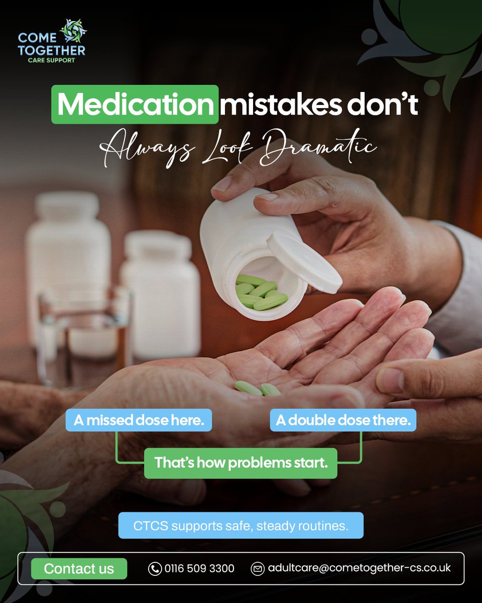 ctcscare's tweet image. Medication management is a common concern for families in the UK. CTCS home care services provide structured medication prompts and daily support to reduce risk.

Contact us:
📲0116 509 3300
📩adultcare@cometogether-cs.co.uk

#MedicationSupport #HomeCareUK #CTCS