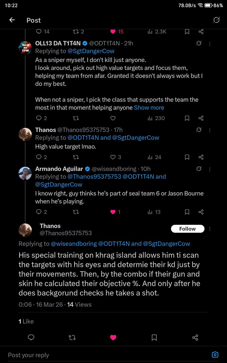 Replying to a <a href="/SgtDangerCow/">SgtDangerCow</a> post and the replies to me are genuinely funny AF 🤣🤣 
The comment from <a href="/Thanos95375753/">Thanos</a> made me laugh hard!