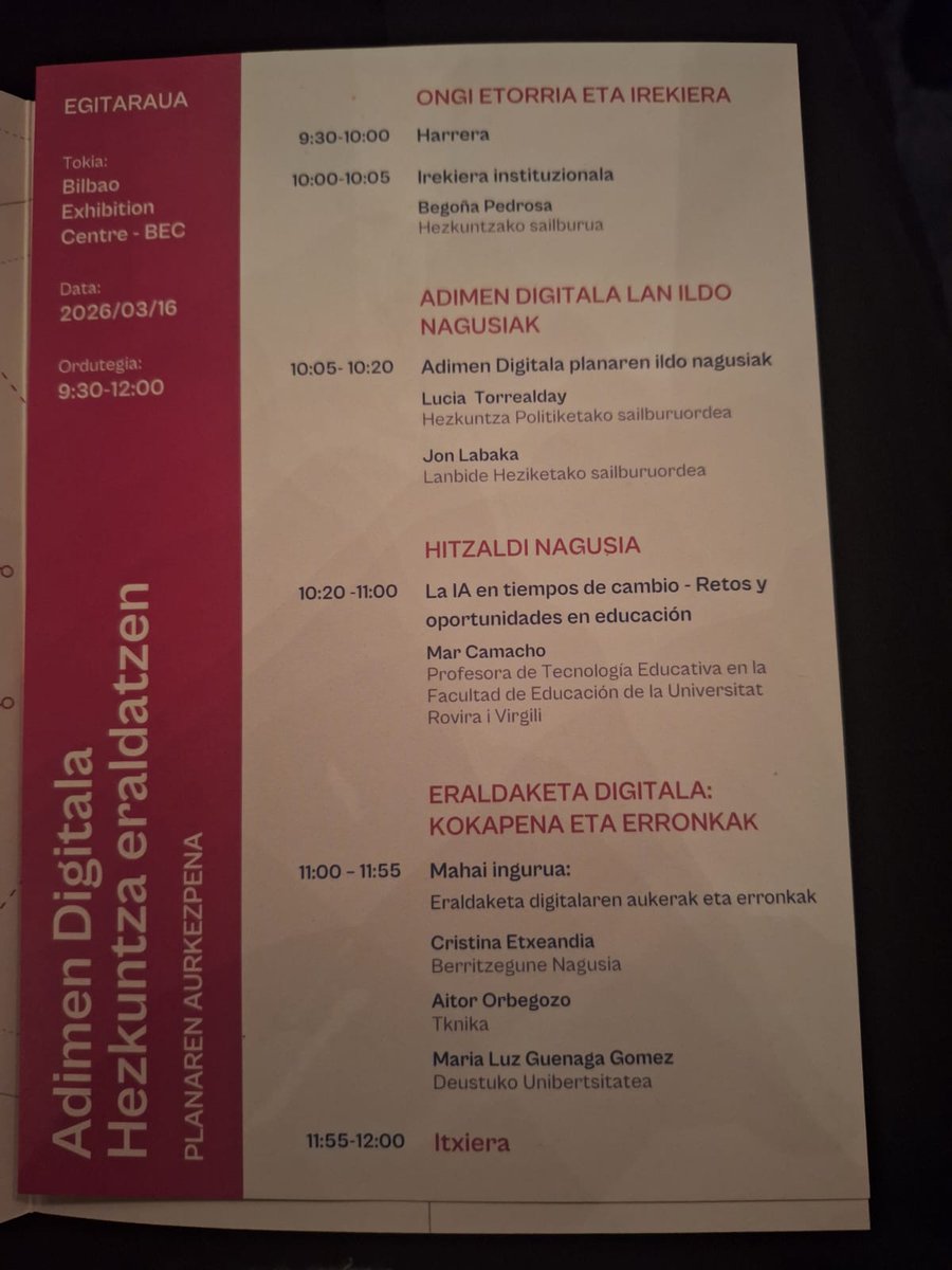 TolosaldeaLH's tweet photo. Euskal Hezkuntza-sistemaren Eraldaketa Digitalerako 2025–2029 Planaren aurkezpenean gaude BECen 💻📚.
Begoña Pedrosa eta Jon Labaka-ren gidaritzapean, Adimen Digitala eta hezkuntza eraldaketaren inguruan lanean 🤝✨ https://t.co/QHxALZ47hW