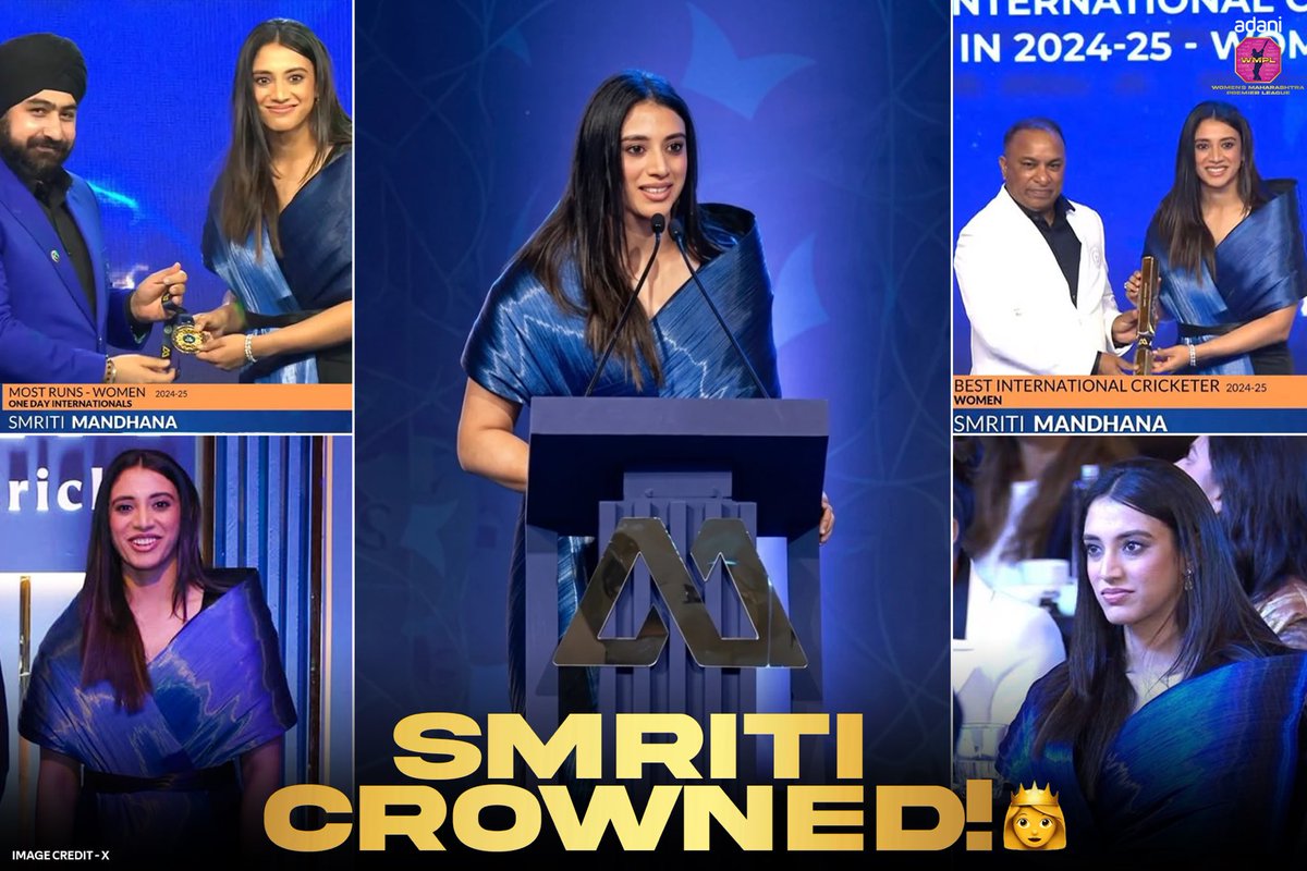 wmpltournament's tweet photo. From the pitch to the podium, Smriti Mandhana shines as the Best International Cricketer, a true star of Indian cricket 💪

#ThisIsMahaCricket
#MPL2025 #namanawards #smritimandhana https://t.co/UTwc2iuwMg