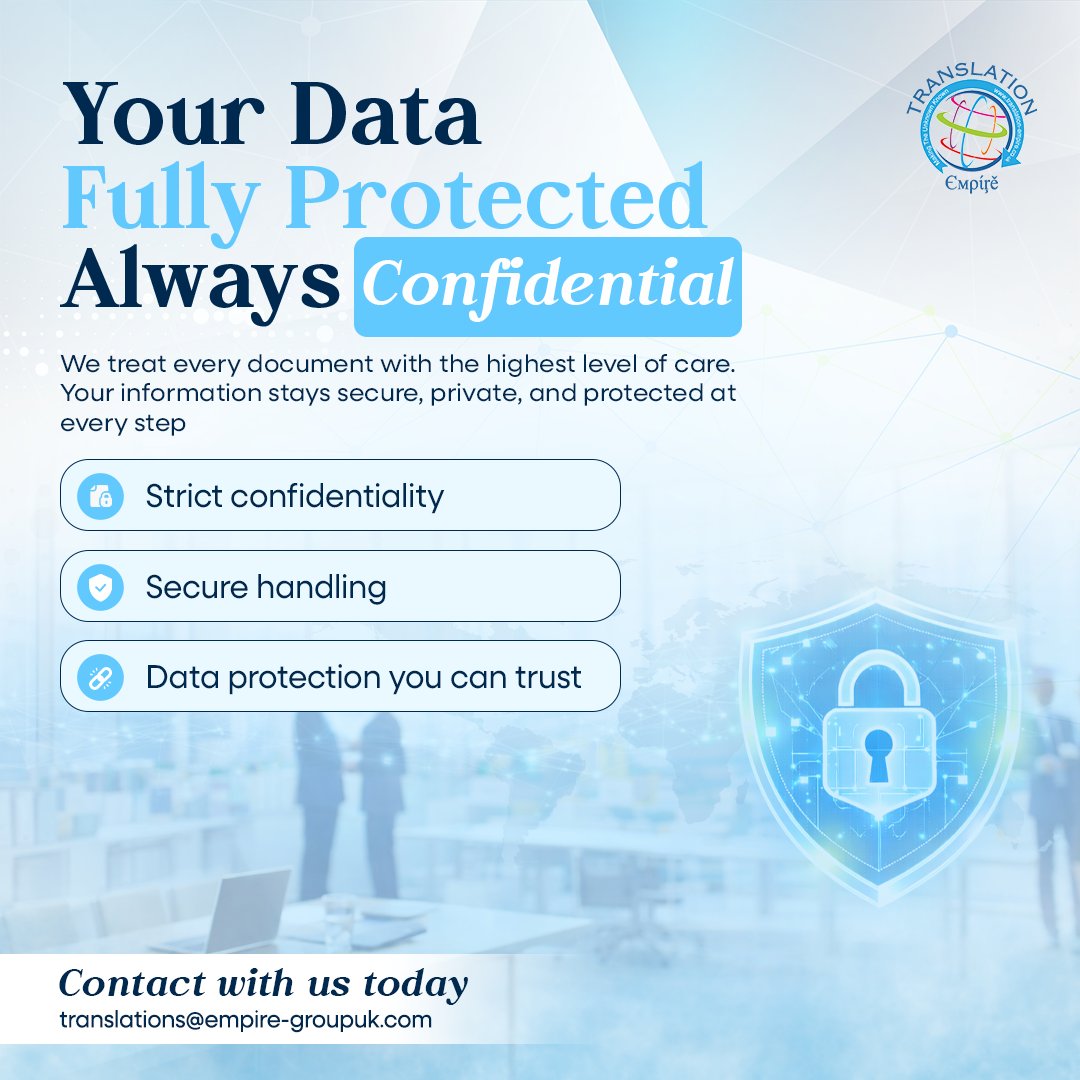 Confidentiality isn’t optional - it’s our responsibility.
From legal files to personal records, your data is handled with complete care and strict security standards.
📷 Trusted. Secure. Confidential.
📷 Get in touch with confidence.
#translationempireuk #dataprotection