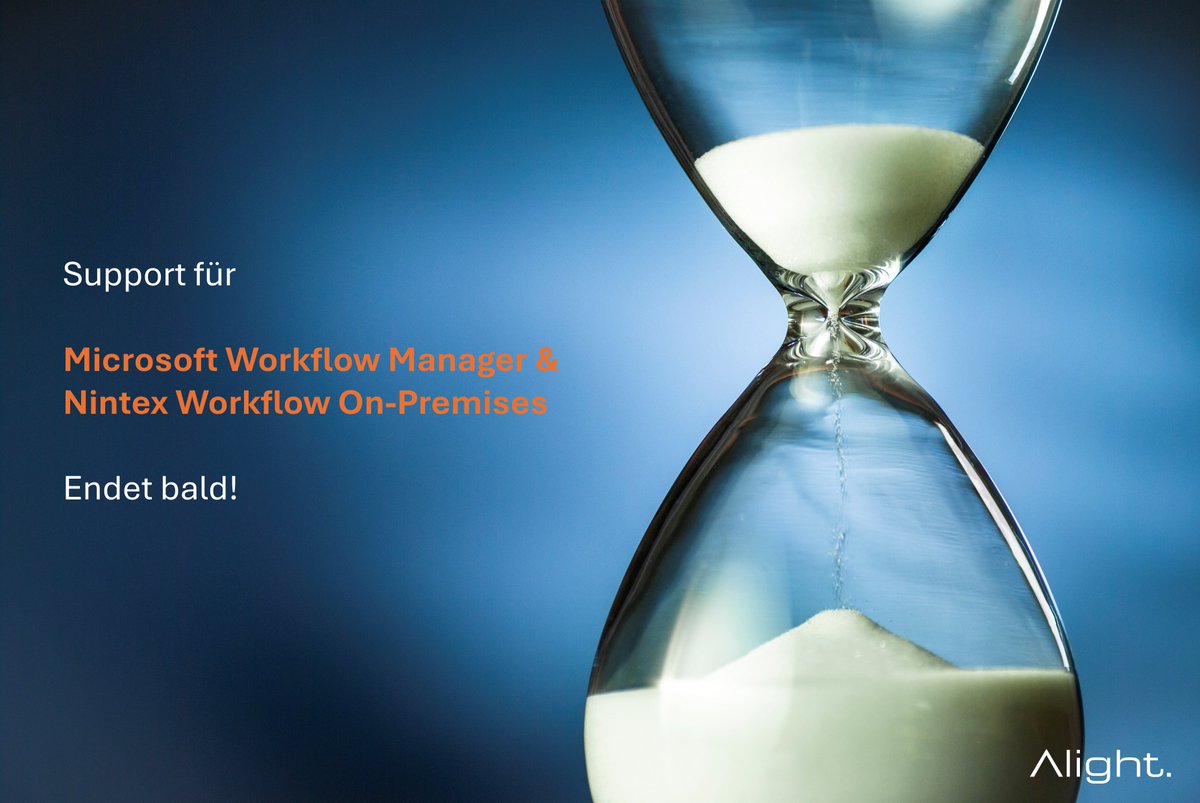 AlightCon's tweet photo. ⏳ Es gibt dringend Handlungsbedarf, wenn Sie SharePoint Server 2019 oder die Subscription Edition nutzen. 
Der Microsoft Workflow Manager Support endet im Juli 2026 und der Nintex Workflow On‑Premises Support ist bereits am 31.12.2025 ausgelaufen.
Kontaktieren Sie uns für Infos. https://t.co/sQLuI7YH3W