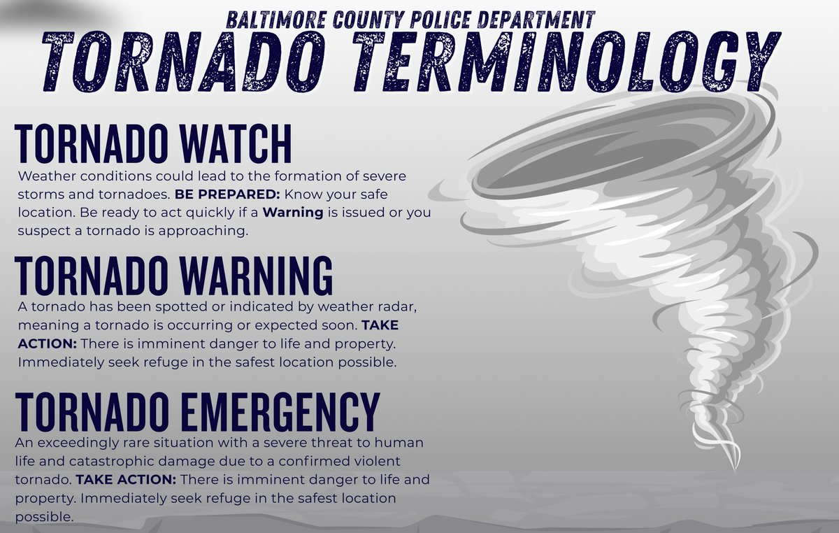 Severe weather is possible in our area today. When storms develop quickly, understanding tornado terminology can help you take the right action at the right time.

📱 Be Prepared
 • Enable emergency alerts on your phone
 • Identify the safest place in your home or workplace