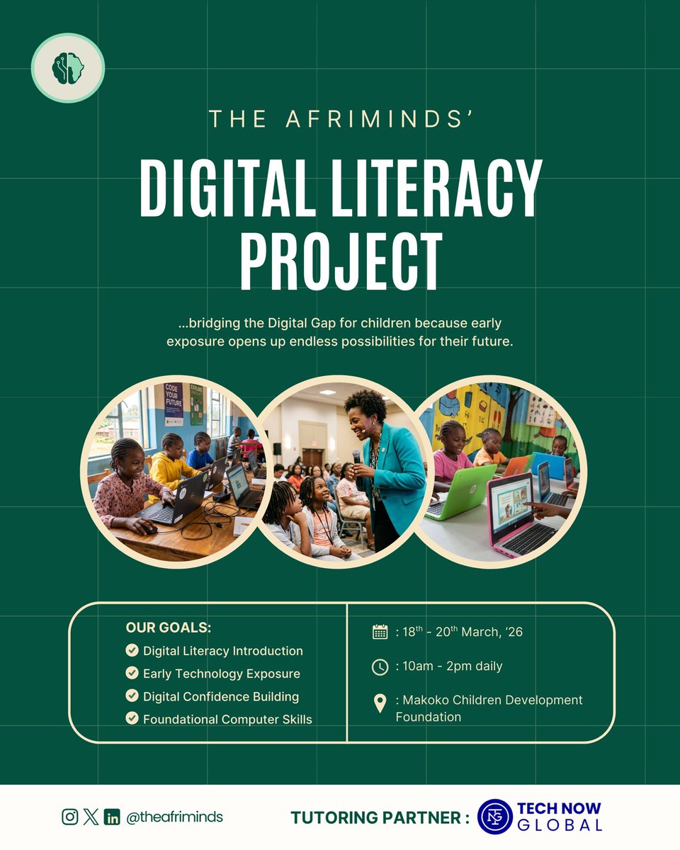 theafriminds's tweet photo. We’re bringing the Afriminds’ Digital Literacy Project to the kids of Makoko this week. 🥳

Three days of hands-on tech exposure, digital confidence building, and foundational computer skills for children who deserve every opportunity the future holds.

We’re super exciteddd! https://t.co/Gr9T2RMyMt