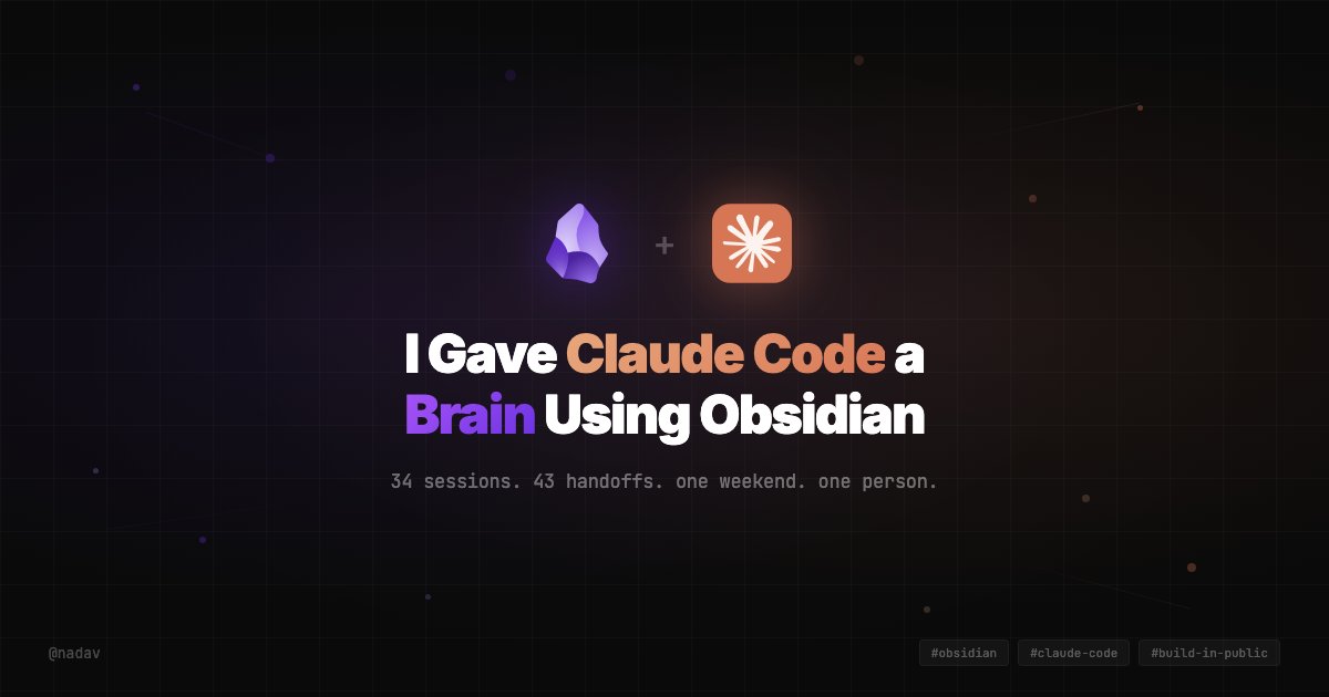 clsh_dev's tweet photo. I gave Claude Code a brain using Obsidian and built a full open source tool over a weekend.

monorepo, npm packages, landing page, demo videos, marketing content, discord server, security audit.

34 sessions. 43 handoff files. one person.

here's how 🧵 https://t.co/EEQMI0MHPO