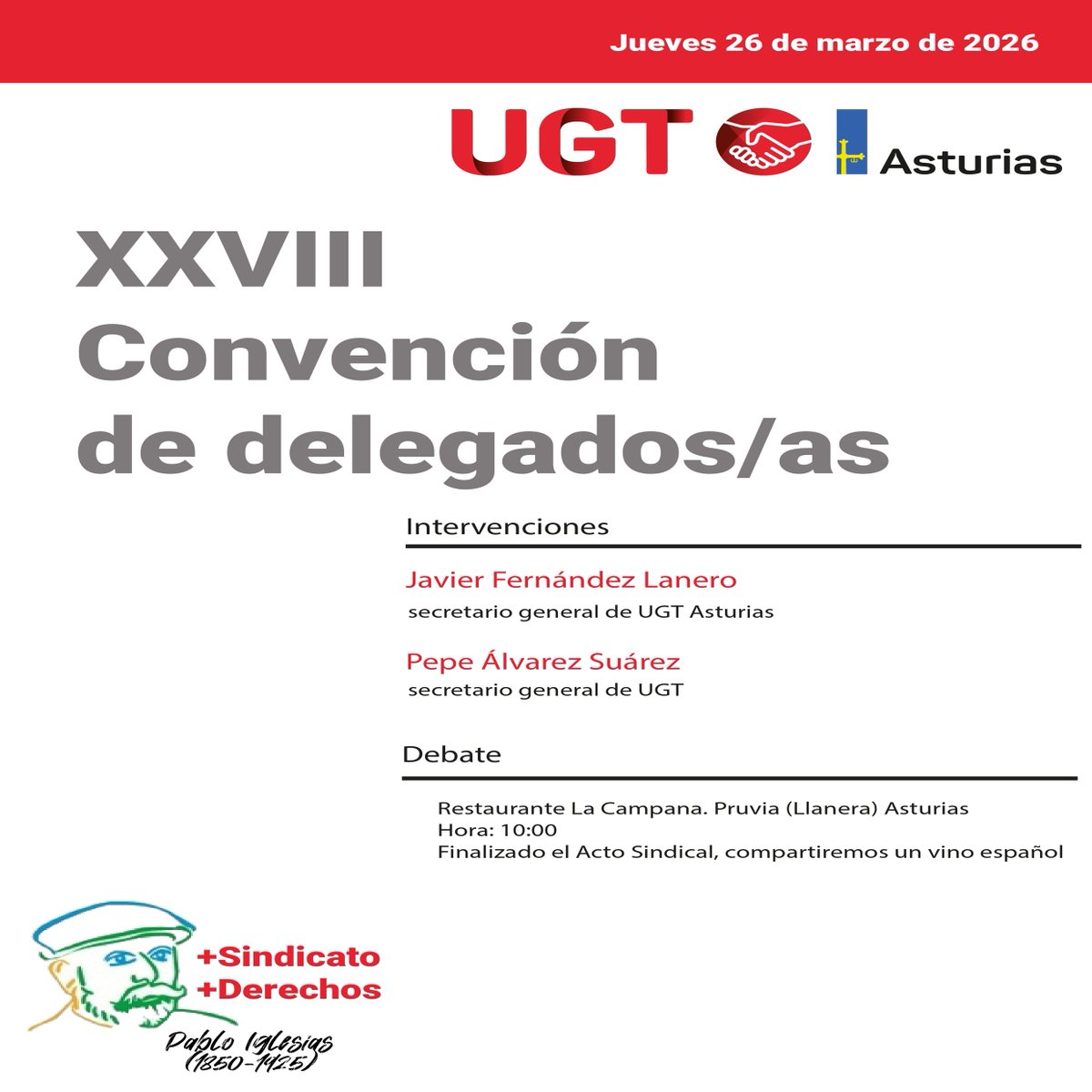 UGTAsturias's tweet photo. 📅📍El próximo jueves 26 de marzo, a las 10:00 horas, UGT Asturias celebrará la XXVIII Convención de Delegad@s.
🤝Un espacio de encuentro y reflexión donde delegad@s sindicales, junto a responsables de la organización, compartirán análisis y propuestas sobre la realidad laboral. https://t.co/MhTUFEF9Cw
