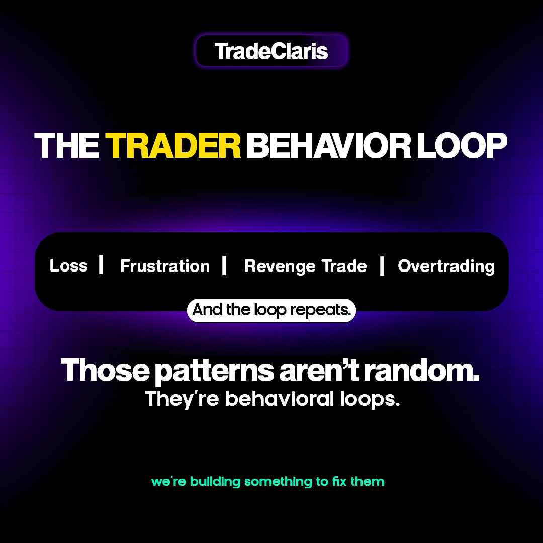 tradeclaris's tweet image. For the past 30 days, we’ve been talking about
why traders repeat the same mistakes.

Closing early.
Overtrading.
Revenge entries.

Those patterns aren’t random.

They’re behavioral loops.

And we’re building something to fix them.

#TradingCommunity #TradingTool #TradingMindset