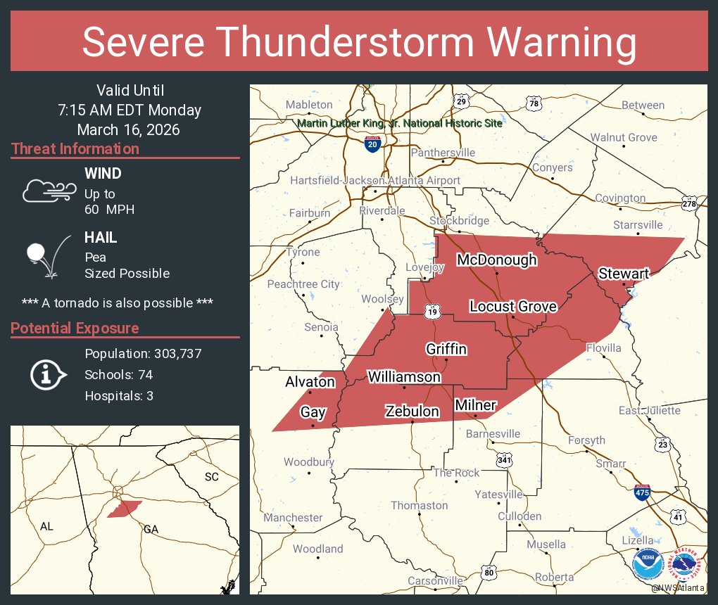 Severe Thunderstorm Warning including Griffin GA, McDonough GA and  Hampton GA until 7:15 AM EDT