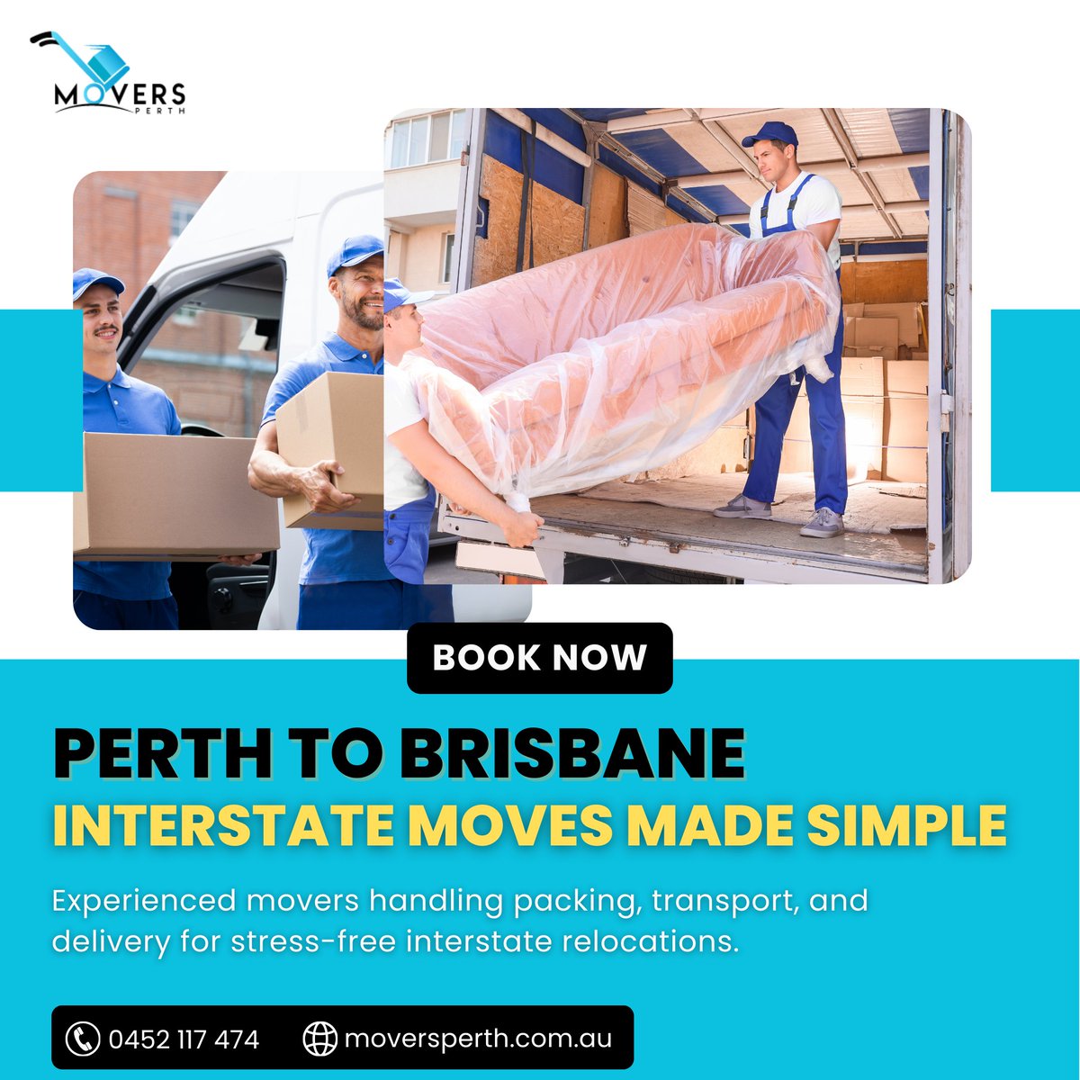 PerthMover's tweet image. Moving from Perth to Brisbane? 🚚
Our #professionalmovers make #interstaterelocation easy, safe and stress-free.

✔ Packing &amp;amp; Loading
✔ Secure Transport
✔ Fast Delivery

📦 Book your #interstatemove today!
📞 Call now: 0452 117 474
🌐 moversperth.com.au/interstate-rem…

#moversperth