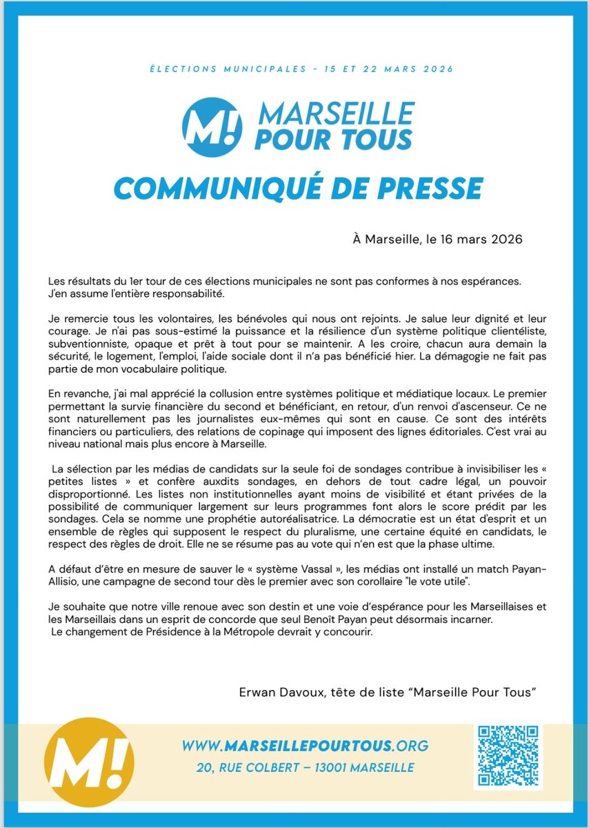 Communiqué de Presse de <a href="/MarseillePTous/">Marseille Pour Tous - M!</a> #Marseille #Municipales