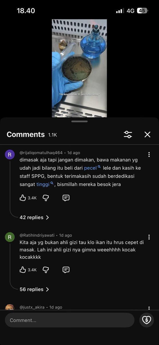 Influencer Andrea Novita menguji coba di lab terkait lele mentah yg disimpan dalam suhu ruang. 
Persis seperti saya lakukan uji lab. Ada yg diberi perlakuan A, B, dan C, lalu kita bandingkan.

Hasilnya?
MBG full dg bakteri jahat.

Dia aja mau muntah pas uji cobanya.