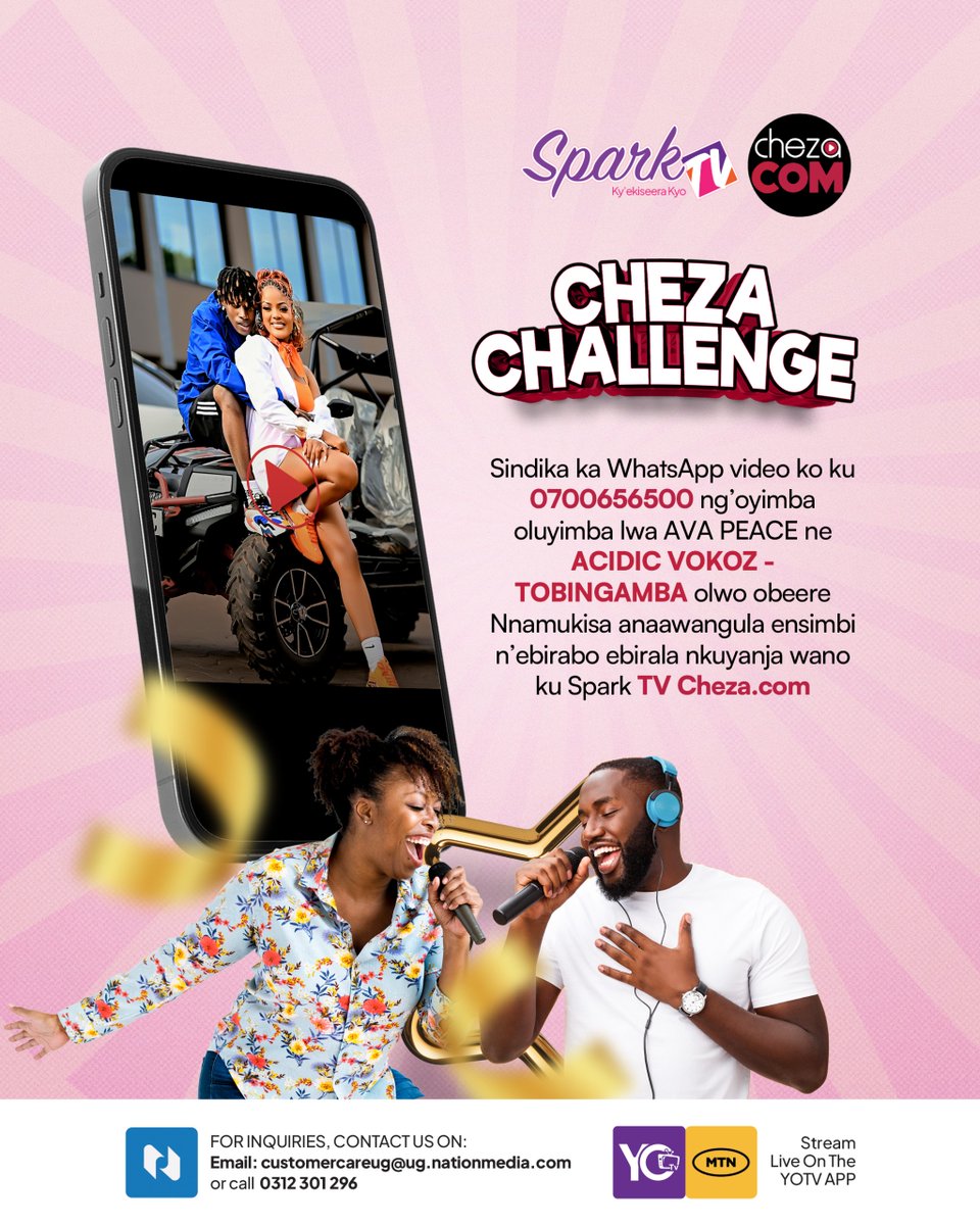 sparktvuganda's tweet photo. #ChezaChallenge ekomyewo bupya wiiki eno.
Sindika vidiyo ng'oyimba oluyimba lwa Ava Peace ne Acidic Vokoz -TOBINGAMBA ku 𝟬𝟳𝟬𝟬𝟲𝟱𝟲𝟱𝟬𝟬 obeere nnamukisa anaawangula ssente n'ebirabo #SparkTvu #ChezaDotCom https://t.co/3M5Ga8hN9Y
