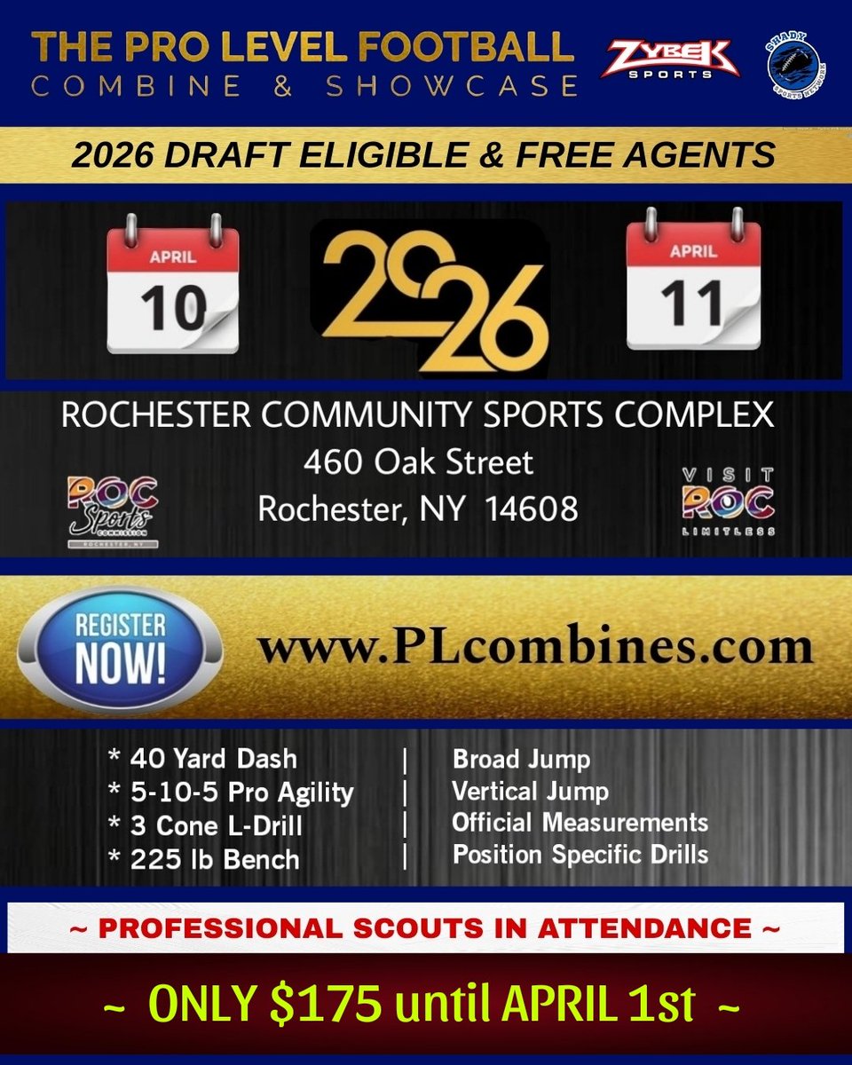 PLCombines's tweet photo. #NAIA #D3 #D2 #D1 & #FreeAgent - This #Opportunity Is For YOU
✔️ Full #ScoutingCombine
✔️ @ZybekSports laser timing
✔️ Positional Drills
✔️ Pro Scouts
📆 April 10-11, 2026
📍Rochester NY
💰 $175 (ENDS 4/1)
https://t.co/AZdMeW4Q2J
#football #followers #NFL #CFL #ufl #proday https://t.co/YeSwvTcGQp
