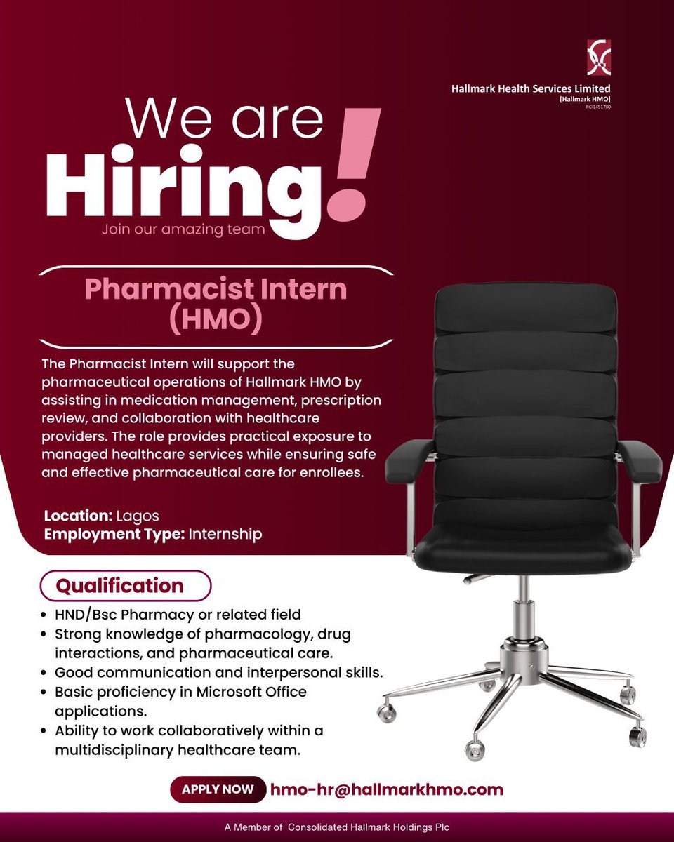 HallmarkHmo's tweet image. We’re hiring! 

We’re looking for passionate people to join us.

Open roles:
• Enrollment Officer
• Pharmacist Intern

Think you’re a great fit?
Apply now or share with someone who might be interested.
#HallmarkHMO #WeAreHiring #HealthIsBae