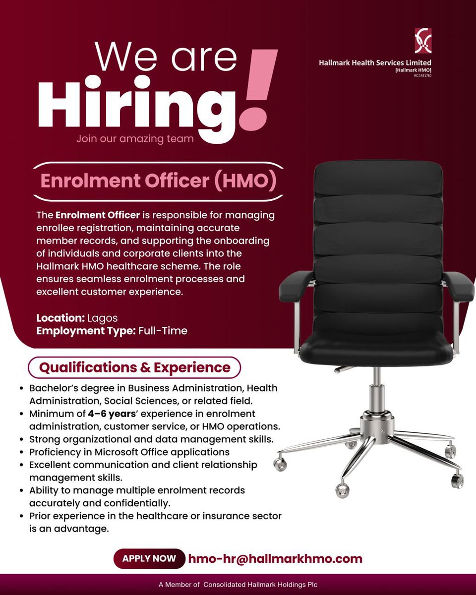 HallmarkHmo's tweet image. We’re hiring! 

We’re looking for passionate people to join us.

Open roles:
• Enrollment Officer
• Pharmacist Intern

Think you’re a great fit?
Apply now or share with someone who might be interested.
#HallmarkHMO #WeAreHiring #HealthIsBae