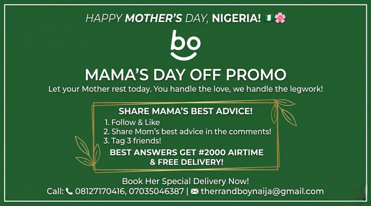 Errandboyn79963's tweet photo. Happy mother's Day 💐 Nigeria 🇳🇬 to every household our mother's are our heroes.

Let your mother rest today, you handle the love @Errandboyn79963 handles the legwork ✊🏼

#errandboyn79963 #wetinyoudeyfind #supportlocalbusiness #lagoslogistics https://t.co/sRdPu0soiJ