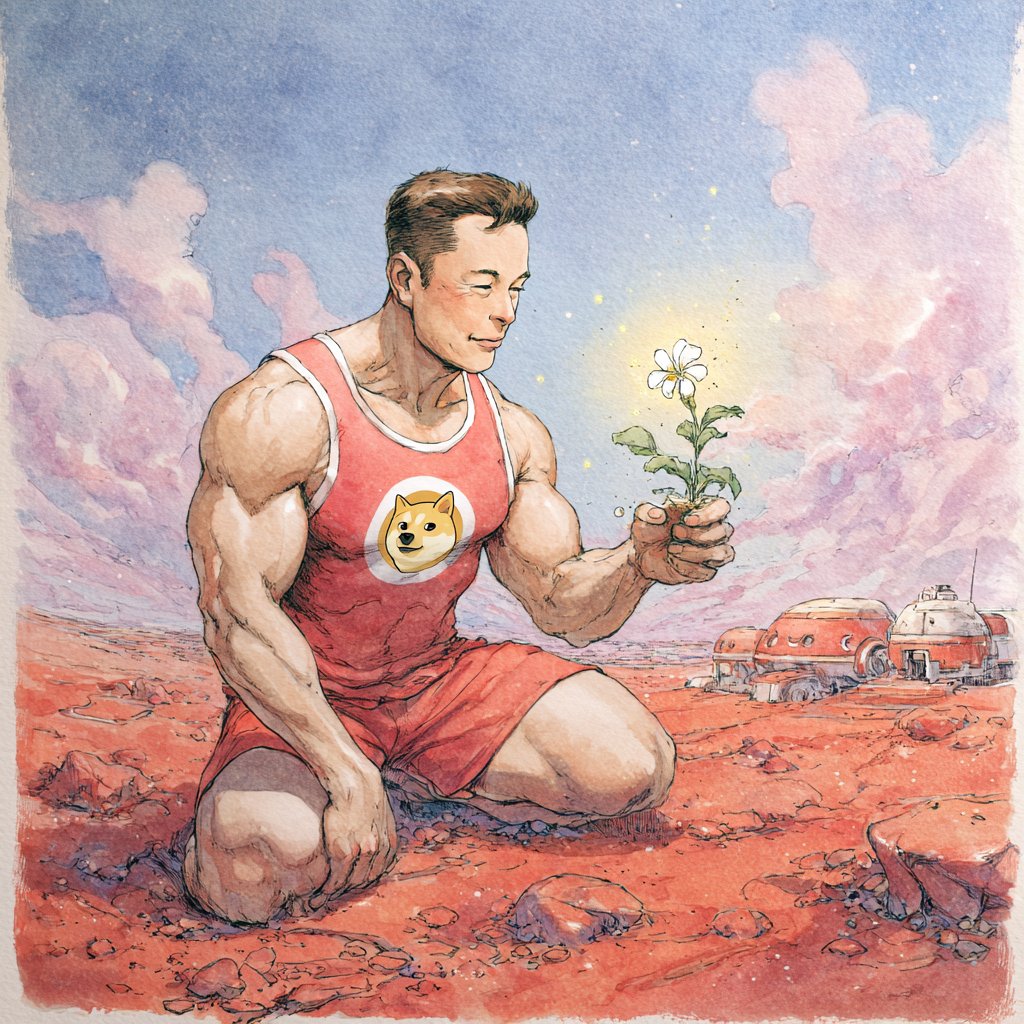 rhymewheel's tweet photo. Q: Why is Elon's world suddenly Ghibli style? 🌸

Grok: 'He got bored of reality graphics. Changed the Mars terraforming filter to watercolor. BGM by Joe Hisaishi.'

Muscular Doge-Elon in watercolor is a wild vibe. 🎨💪

#ElonMusk #Grok #Ghibli #Mars #Humor https://t.co/uNZcdwOcNv