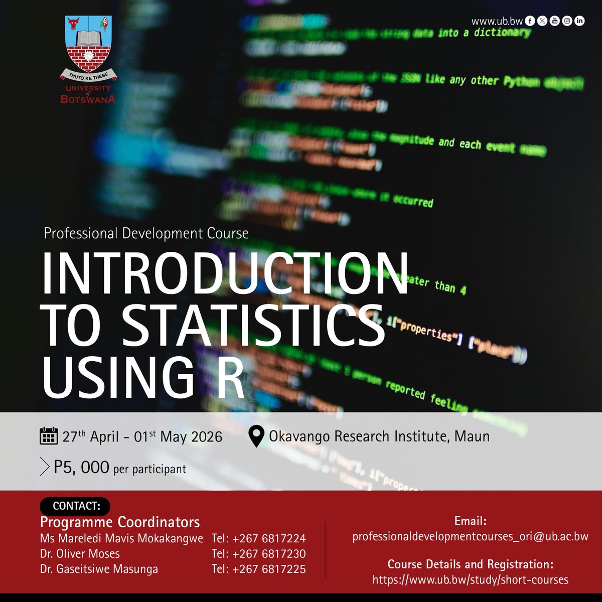 UBBotswana's tweet photo. Master the Power of R!
Ready to take your data skills to the next level? Join our training programme and build the skills to confidently analyse, visualise and interpret data. Boost your career in data analytics!
#RegisterNow: https://t.co/9WOVpWLQKB https://t.co/AvhlZXn7px
