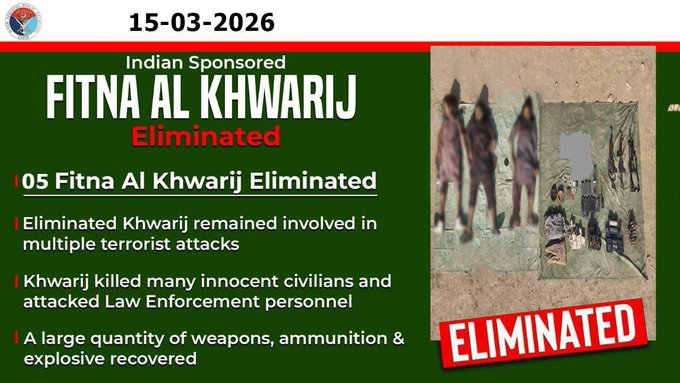ThePakDaily's tweet photo. Security forces conducted an intelligence based operation in Lakki Marwat District on March 15, killing five militants linked to Tehrik-i-Taliban Pakistan after an exchange of fire, according to officials.

Weapons and ammunition were recovered from the militants, while a sanitization operation is ongoing as part of Pakistan’s counterterrorism campaign under Azm-e-Istehkam to eliminate foreign backed militancy.