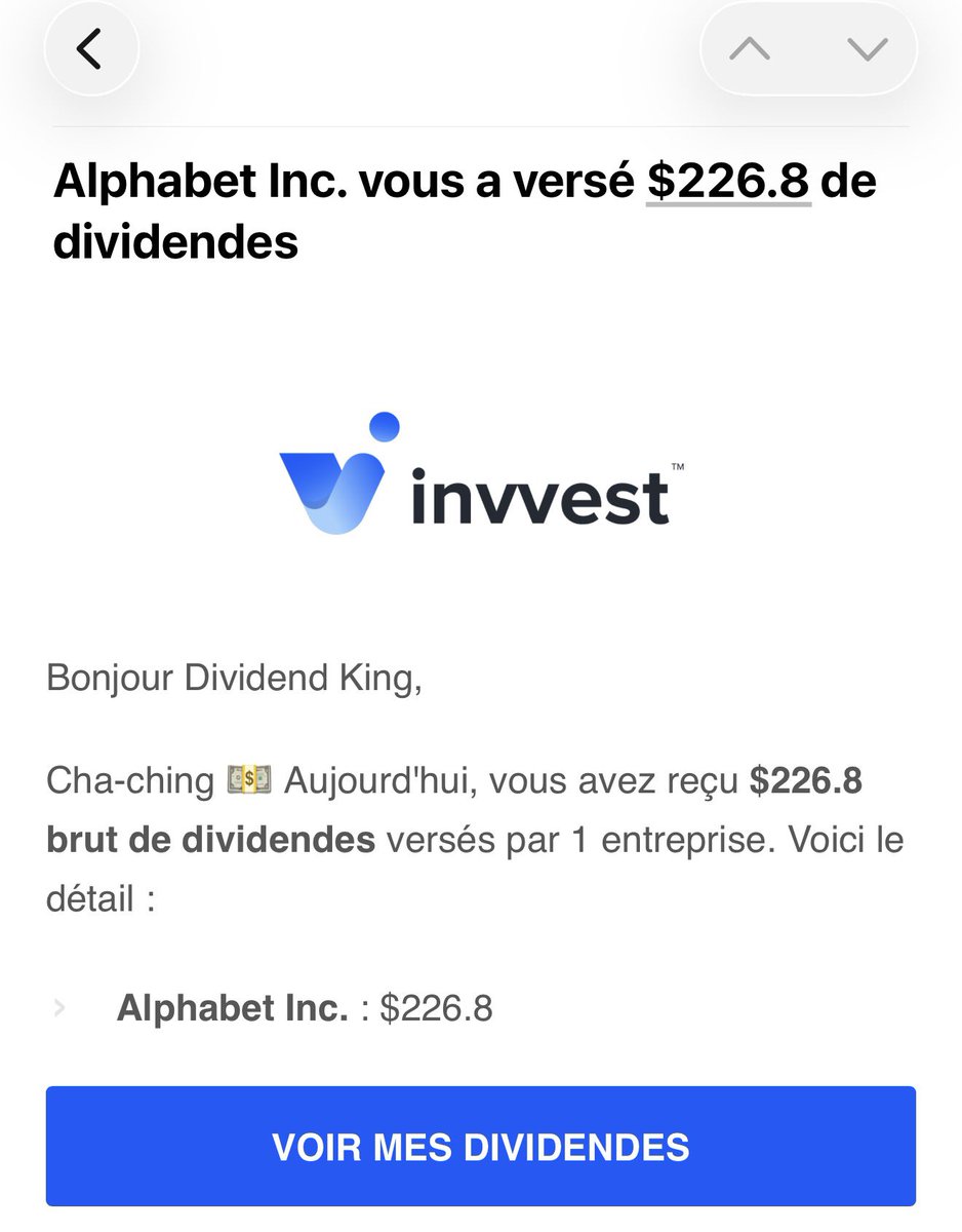 226$ de dividendes reçu de la part de Google cette nuit 💰

Google est la première ligne de mon portefeuille actuellement (aux coudes à coudes avec Broadcom), avec près de 20% de celui-ci 📊

Total dividendes reçus en mars : 972$
Total à recevoir au cours du mois : 2 889$