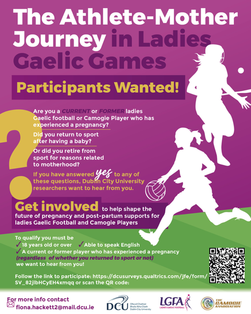 LadiesFootball's tweet photo. Calling all Ladies Gaelic Games Players – Past and Present! 🏐🤱

Are you a current or former player who has navigated pregnancy or the postpartum period? 

We want to hear from you!

Back In The Game is a national survey exploring the practices, experiences, and perceptions of women in Gaelic Games during pregnancy and in the postpartum period. 

Whether you returned to play, took a break, or retired from competitive sport completely, your voice is essential to help us understand and improve support for Ladies Gaelic Football and Camogie players.

Who can take part?

Current or former ladies Gaelic football and/or Camogie players.

Those who have experience with pregnancy/postpartum while involved in the sport.

Why join?

Your insights will help shape future guidelines and support for women across the LGFA and Camogie Association.Take the survey here: [https://t.co/czjpSb74hN] 🔗

Help us spread the word by tagging a teammate who needs to see this!

For more information check out 
@ backinthegameresearch on Tik Tok, Instagram and Facebook.

#LGFA