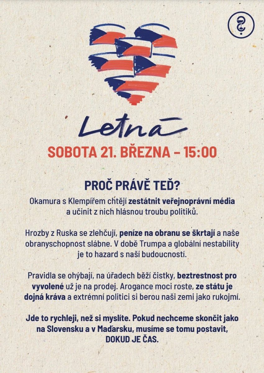 🇨🇿Demokracie se neztrácí v den, kdy lidé vyjdou do ulic.
Ztrácí se v den, kdy lidé zůstanou doma.

Proto jdu na Letnou.