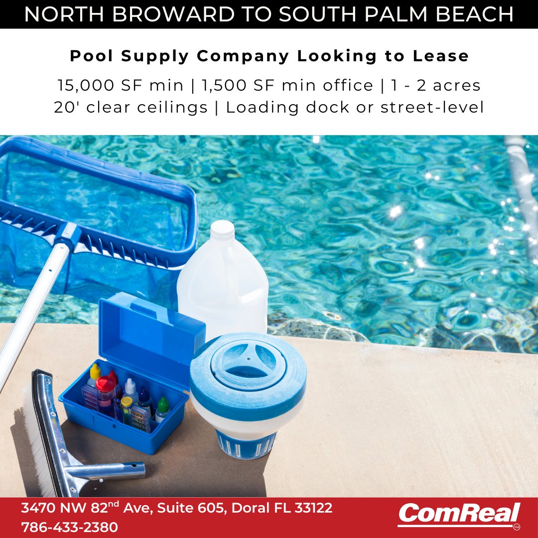 EdisonCRE's tweet image. We have a Pool Company client searching for #warehousespace and #IOS to lease in North #Broward County.
15,000 SF [min]
1,500 SF Office [min]
20' clear ceilings or +
Loading Dock or Street Level
+/- 2 ac of IOS

If you feel you may have or know of a property that meets these