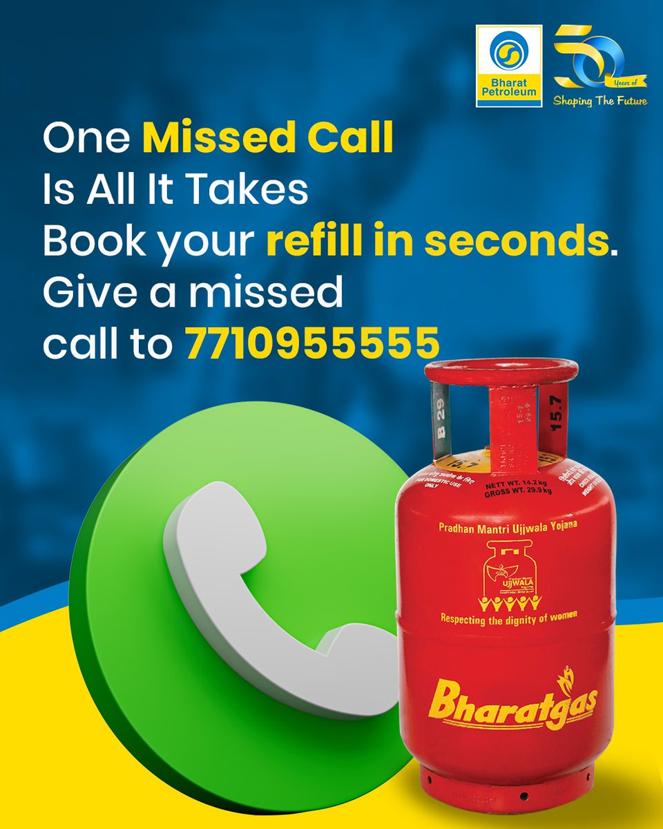 BPCLimited's tweet photo. No apps or internet required. Simply give a missed call to 7710955555 from your registered mobile number and your Bharatgas refill booking will be placed automatically. 

Fast, simple, and designed for everyday convenience.

No need to go to the LPG distributor. 
Book your refill from home.

@HardeepSPuri @PetroleumMin @Secretary_MoPNG 

#Bharatgas #BPCL #BharatgasServices #EnergyForIndia #EasyBooking #SmartBooking #DigitalConvenience #BookYourRefill #HassleFreeBooking