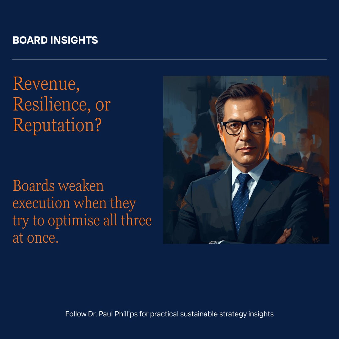 ProfPAPhillips's tweet photo. What is your sustainability agenda really optimising for right now?
Comment with one word only:
REVENUE
RESILIENCE
REPUTATION

#SustainableStrategy #BoardStrategy #BusinessResilience #CorporateReputation #Leadership https://t.co/8fWha1lZUD
