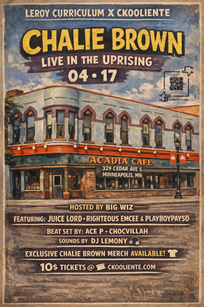 CKooliente's tweet photo. Streaming CHALIE BROWN Vol. 1? Run it up on all platforms. Want that tangible vibe? Cop the physical CD—signed energy, ships fast. Minneapolis fam: 4/17 @AcadiaMPLS full album live + Pack the house! Link in bio https://t.co/pPztexMx8c #MinneapolisHipHop #HipHop #Rap #MPLSHipHop https://t.co/IMxPCaWXMc