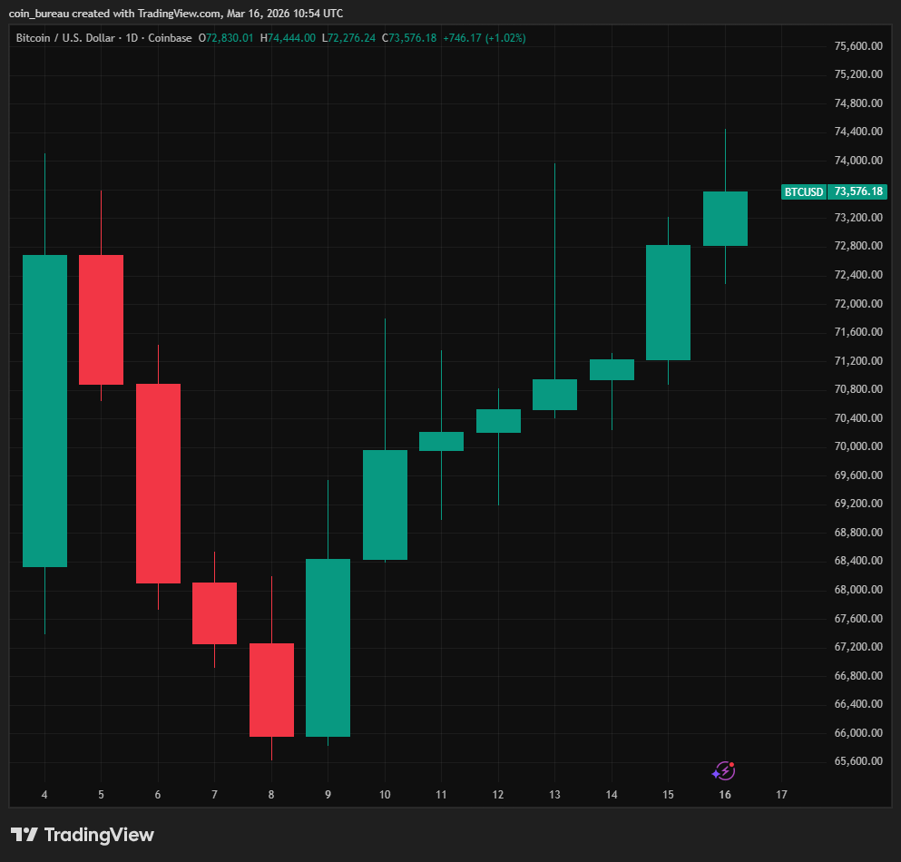 coinbureau's tweet photo. 📈JUST IN: Bitcoin is printing its 8th consecutive green daily candle, the LONGEST streak in over 2 years.

Bitcoin hasn't done this since February 12, 2024.
