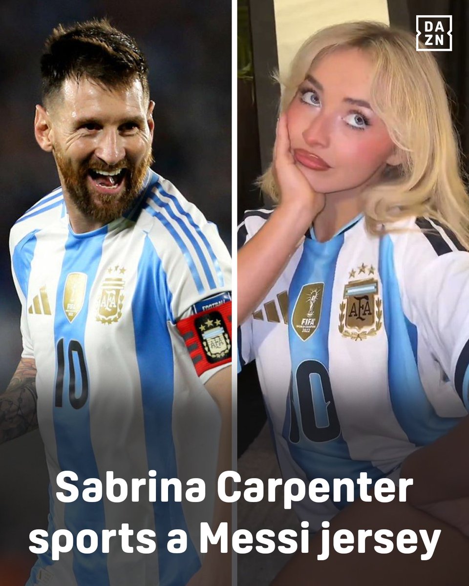 DAZNFootball's tweet image. Sabrina Carpenter repping Messi 🇦🇷🐐

The pop star rocked an Argentina jersey in her latest TikTok 

🎥 via Sabrina Carpenter (TikTok)