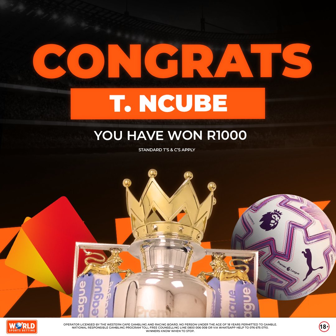 WorldSportsBet's tweet image. Congrats T. Ncube

You are the winner of the Liverpool vs Tottenham score predictor and have netted R1,000 CASH! 💰 

⚽ Stay tuned — the next WSB Score Predictor drops soon! 🔥 ​​​​​​ ​ 

#WSB #ScorePredictor #WinnerAlert #BetWithTheBest